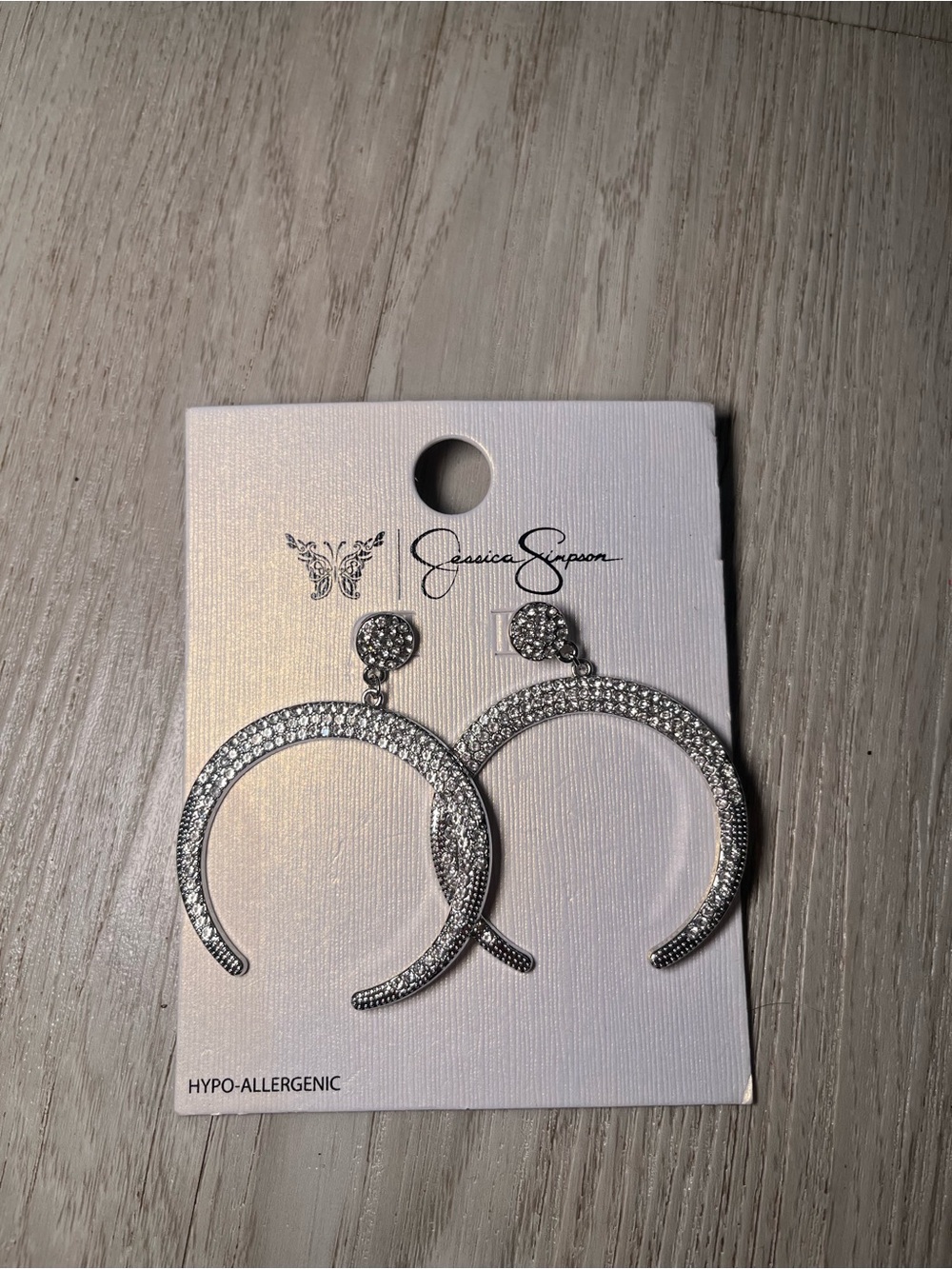 NWT! Jessica Simpson Rhodium-Tone Pave Crescent Hoop Earrings